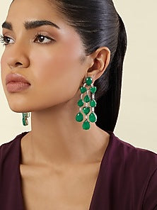 White Rhodium Finish Crystal Zircon & Emerald Green Doublet Stone Dangler Earrings