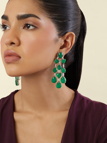 White Rhodium Finish Crystal Zircon & Emerald Green Doublet Stone Dangler Earrings
