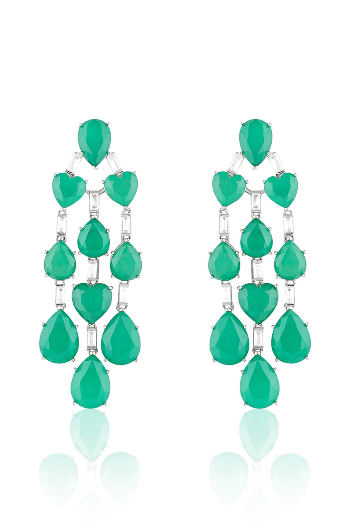 White Rhodium Finish Crystal Zircon & Emerald Green Doublet Stone Dangler Earrings