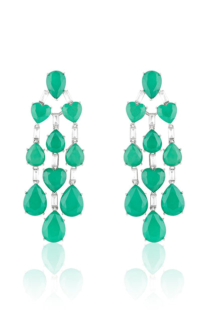 White Rhodium Finish Crystal Zircon & Emerald Green Doublet Stone Dangler Earrings