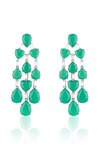 White Rhodium Finish Crystal Zircon & Emerald Green Doublet Stone Dangler Earrings