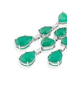 White Rhodium Finish Crystal Zircon & Emerald Green Doublet Stone Dangler Earrings