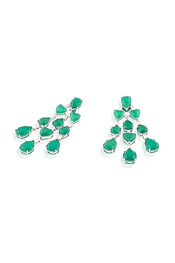 White Rhodium Finish Crystal Zircon & Emerald Green Doublet Stone Dangler Earrings