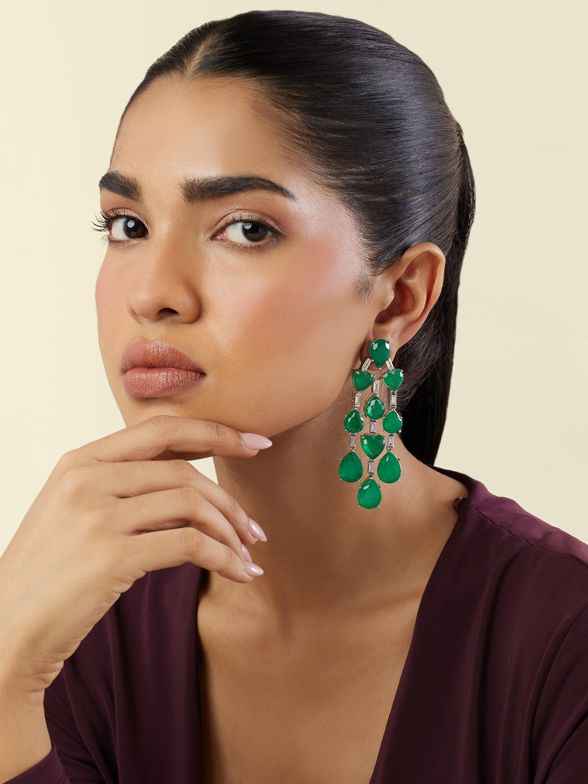 White Rhodium Finish Crystal Zircon & Emerald Green Doublet Stone Dangler Earrings