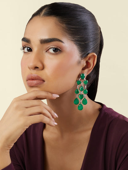 White Rhodium Finish Crystal Zircon & Emerald Green Doublet Stone Dangler Earrings