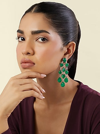 White Rhodium Finish Crystal Zircon & Emerald Green Doublet Stone Dangler Earrings