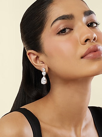 White Rhodium Finish Crystal Zircon Dangler Earrings