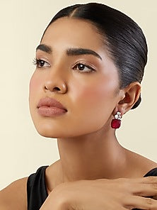 White Rhodium Finish Crystal Zircon & Ruby Doublet Stone Dangler Earrings