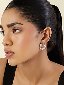 White Rhodium Finish Crystal Zircon Circular Stud Earrings