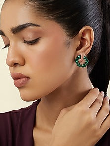 White Rhodium Finish Crystal Zircon & Emerald Green Doublet Stone Circular Stud Earrings