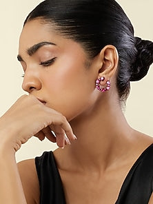 White Rhodium Finish Crystal Zircon & Ruby Doublet Stone Circular Stud Earrings
