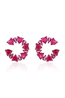 White Rhodium Finish Crystal Zircon & Ruby Doublet Stone Circular Stud Earrings