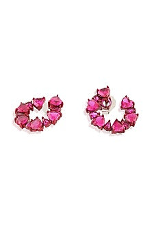 White Rhodium Finish Crystal Zircon & Ruby Doublet Stone Circular Stud Earrings