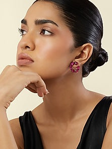 White Rhodium Finish Crystal Zircon & Ruby Doublet Stone Circular Stud Earrings
