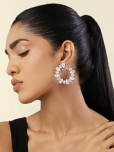 White Rhodium Finish Crystal Zircon Circular Stud Earrings