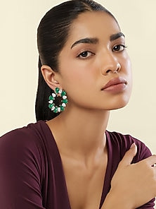 White Rhodium Finish Crystal Zircon & Emerald Green Doublet Stone Circular Stud Earrings