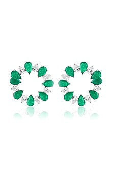 White Rhodium Finish Crystal Zircon & Emerald Green Doublet Stone Circular Stud Earrings
