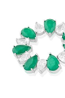 White Rhodium Finish Crystal Zircon & Emerald Green Doublet Stone Circular Stud Earrings