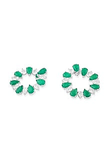 White Rhodium Finish Crystal Zircon & Emerald Green Doublet Stone Circular Stud Earrings