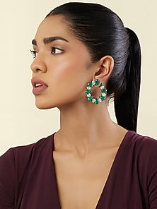 White Rhodium Finish Crystal Zircon & Emerald Green Doublet Stone Circular Stud Earrings