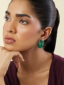 White Rhodium Finish Emerald Doublet Stone Hoop Earrings