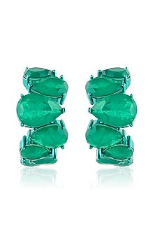 White Rhodium Finish Emerald Doublet Stone Hoop Earrings