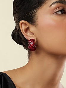 White Rhodium Finish Ruby Doublet Stone Hoop Earrings