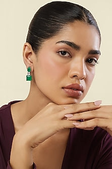 White Rhodium Finish Crystal Zircon & Emerald Green Doublet Stone Dangler Earrings