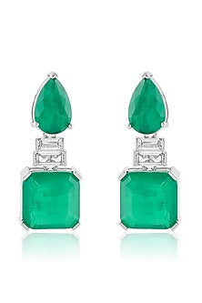 White Rhodium Finish Crystal Zircon & Emerald Green Doublet Stone Dangler Earrings