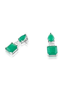 White Rhodium Finish Crystal Zircon & Emerald Green Doublet Stone Dangler Earrings