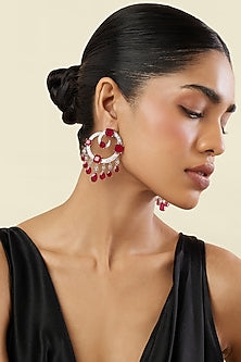 White Rhodium Finish Crystal Zircon & Ruby Doublet Stone Chandbali Earrings