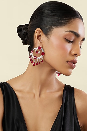 White Rhodium Finish Crystal Zircon & Ruby Doublet Stone Chandbali Earrings