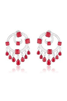 White Rhodium Finish Crystal Zircon & Ruby Doublet Stone Chandbali Earrings
