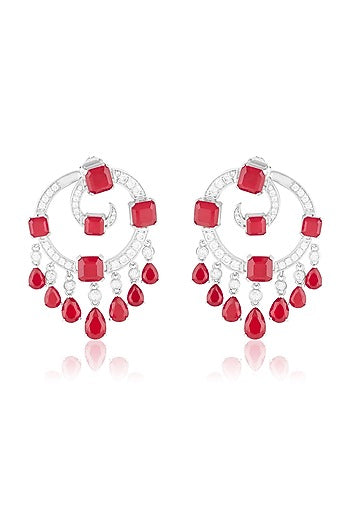 White Rhodium Finish Crystal Zircon & Ruby Doublet Stone Chandbali Earrings