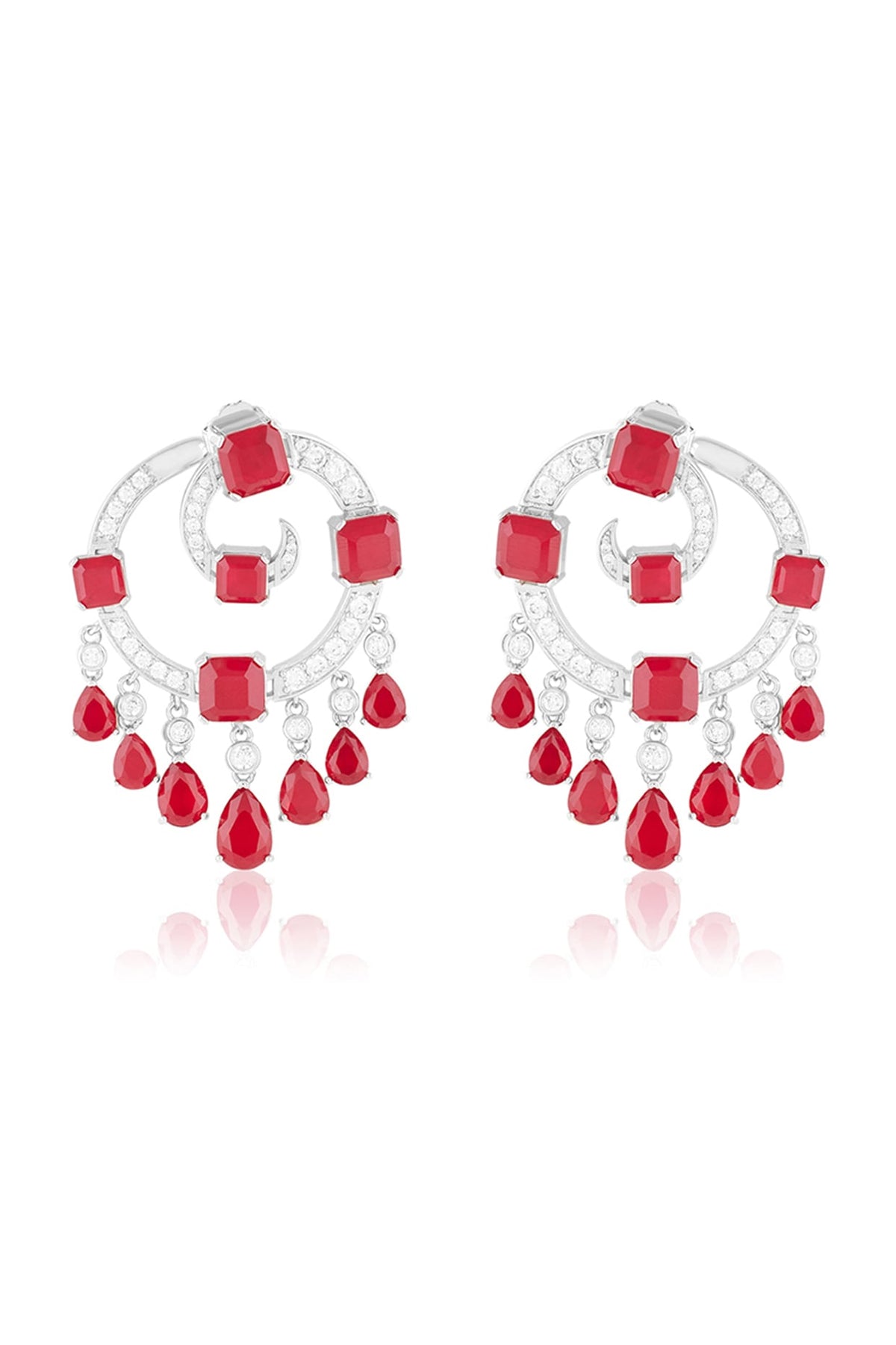 White Rhodium Finish Crystal Zircon & Ruby Doublet Stone Chandbali Earrings