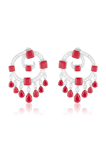 White Rhodium Finish Crystal Zircon & Ruby Doublet Stone Chandbali Earrings