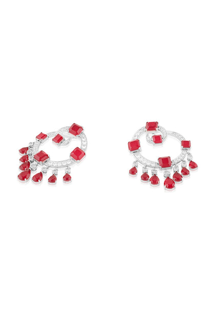 White Rhodium Finish Crystal Zircon & Ruby Doublet Stone Chandbali Earrings