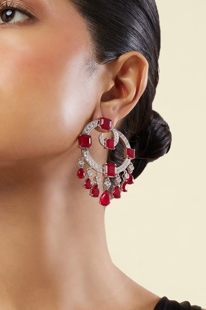 White Rhodium Finish Crystal Zircon & Ruby Doublet Stone Chandbali Earrings