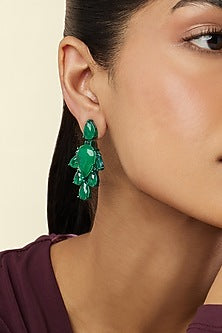 White Rhodium Finish Emerald Green Doublet Stone Dangler Earrings
