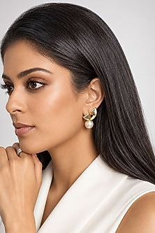 Micron Gold Finish Hand-Cut Polki & Pearl Mirror Dangler Earrings