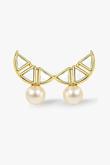 Micron Gold Finish Hand-Cut Polki & Pearl Mirror Dangler Earrings