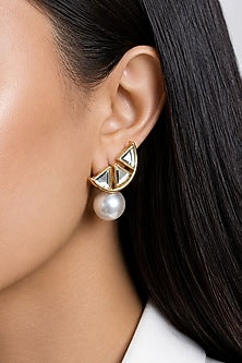 Micron Gold Finish Hand-Cut Polki & Pearl Mirror Dangler Earrings