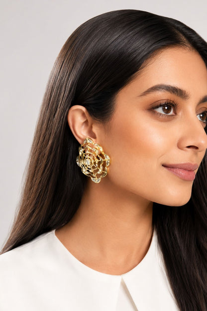 Micron Gold Finish Hand-Cut Polki Mirror Stud Earrings