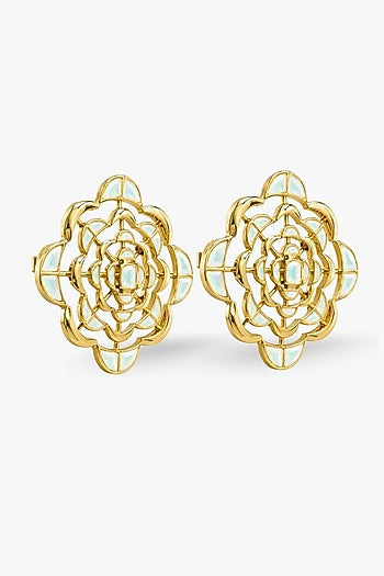 Micron Gold Finish Hand-Cut Polki Mirror Stud Earrings