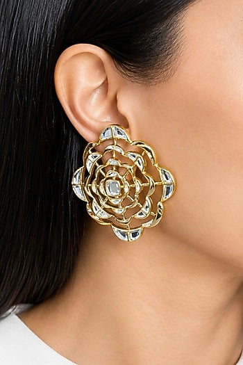 Micron Gold Finish Hand-Cut Polki Mirror Stud Earrings