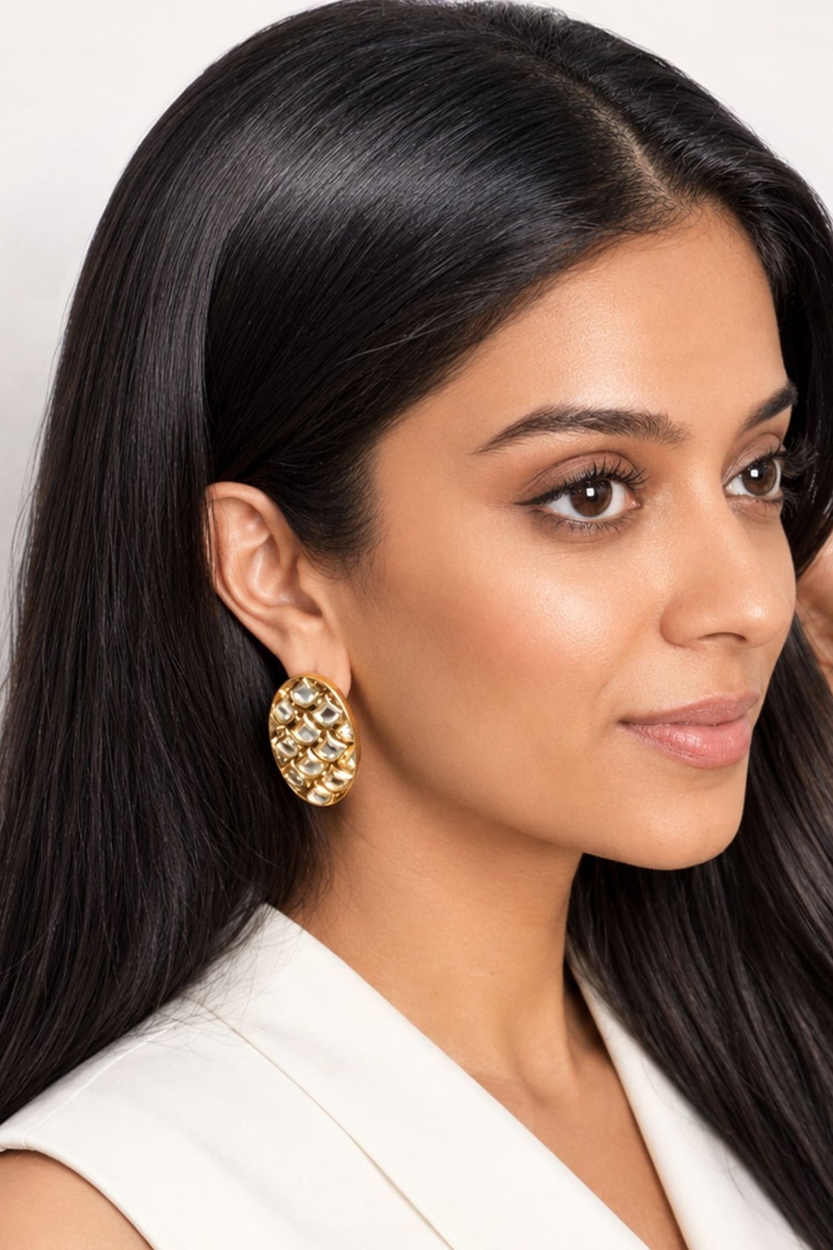Micron Gold Finish Hand-Cut Polki Mirror Stud Earrings