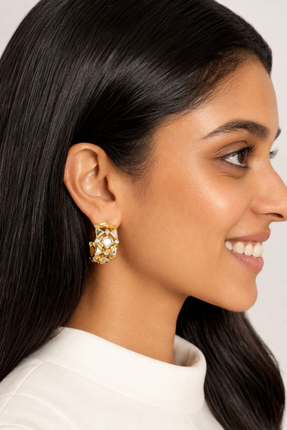 Micron Gold Finish Hand-Cut Polki Mirror Hoop Earrings