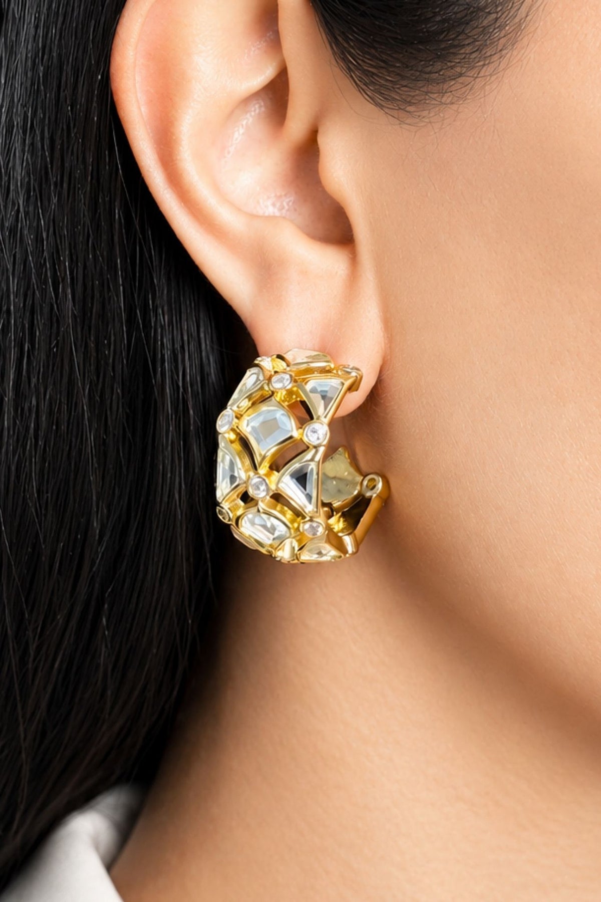 Micron Gold Finish Hand-Cut Polki Mirror Hoop Earrings