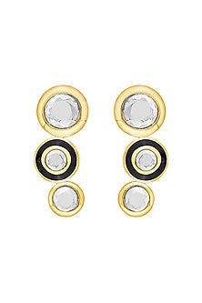 Gold Plated Mirror Black Enameled Stud Earrings