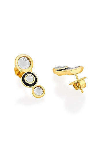 Gold Plated Mirror Black Enameled Stud Earrings